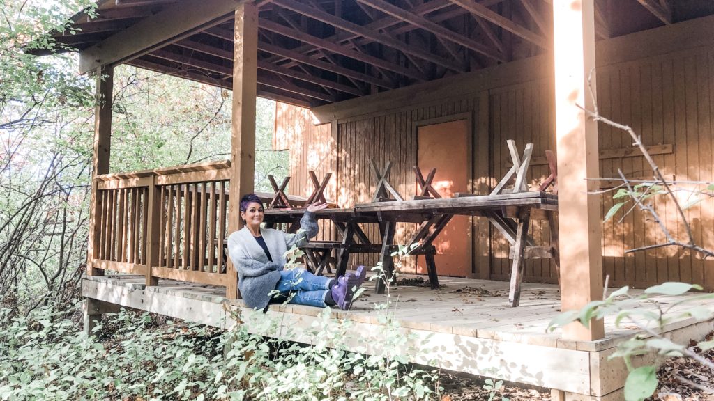 Vanessa Sitting in Shelter by Picnic Tables | tomandvanessascountry.com